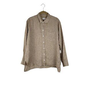 J Jill Love Linen Brown Tan Button Up Top Long Sleeve Slit Placket Size Small